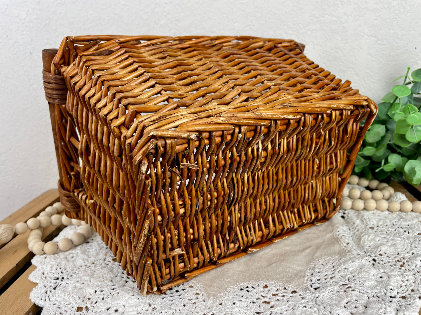 Vintage Rectangular Basket with Wood Handles