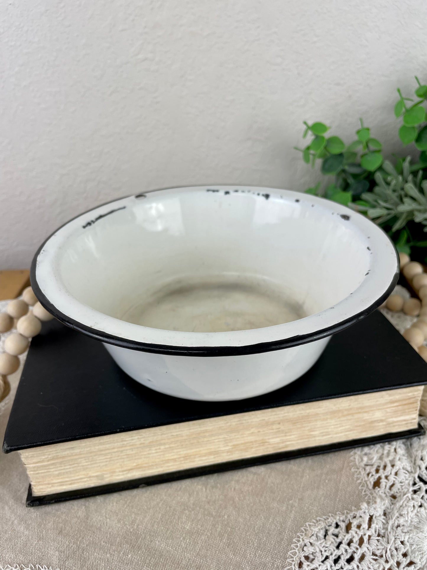 Vintage Small Enamel Bowl with Black Rim