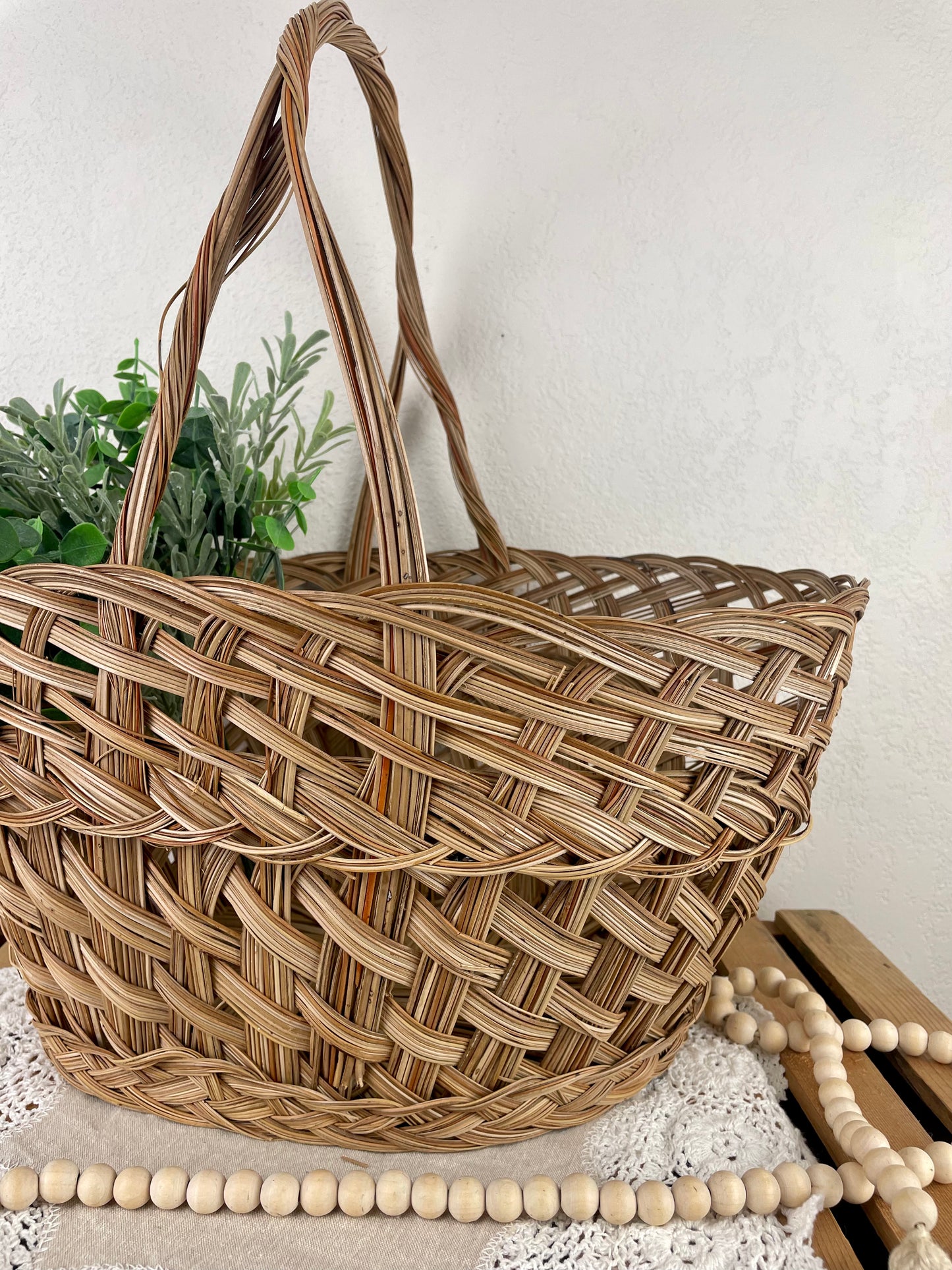 Large Vintage Woven Basket with Handle