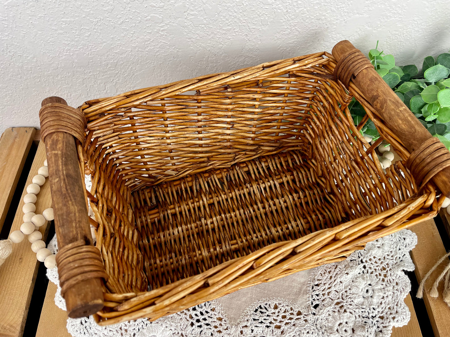 Vintage Rectangular Basket with Wood Handles