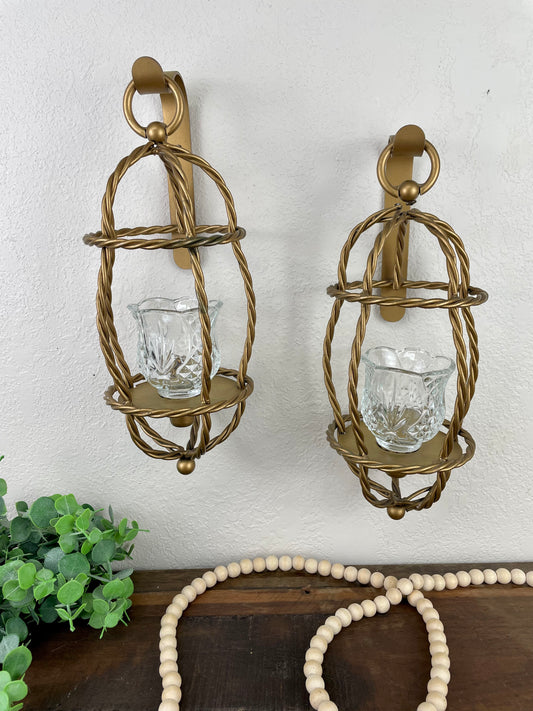 Vintage Home Interiors Metal Gold Rope Candle Sconce Set