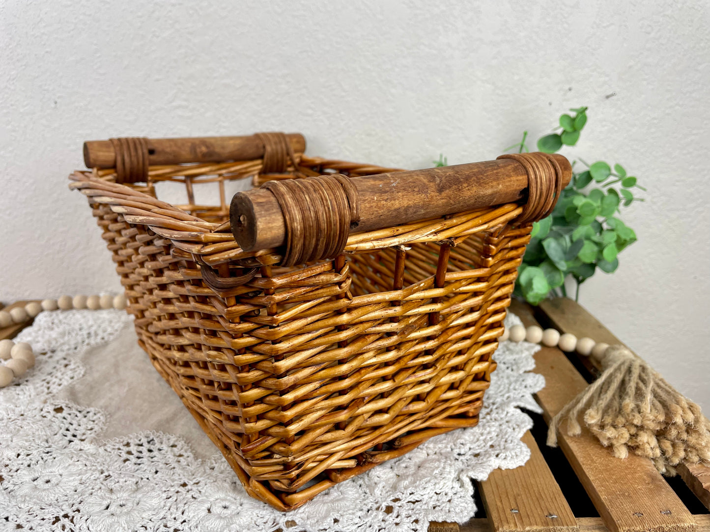 Vintage Rectangular Basket with Wood Handles