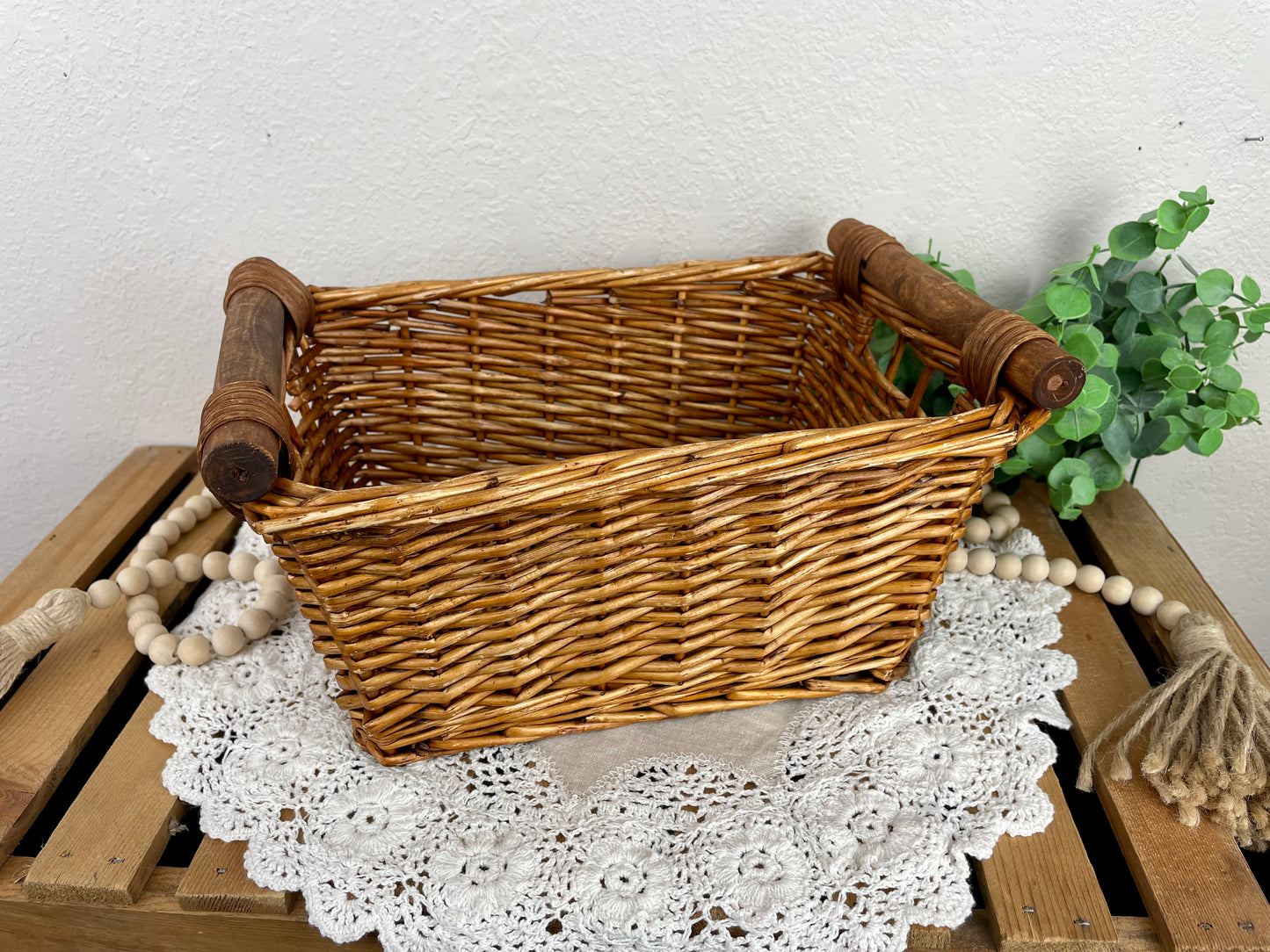 Vintage Rectangular Basket with Wood Handles