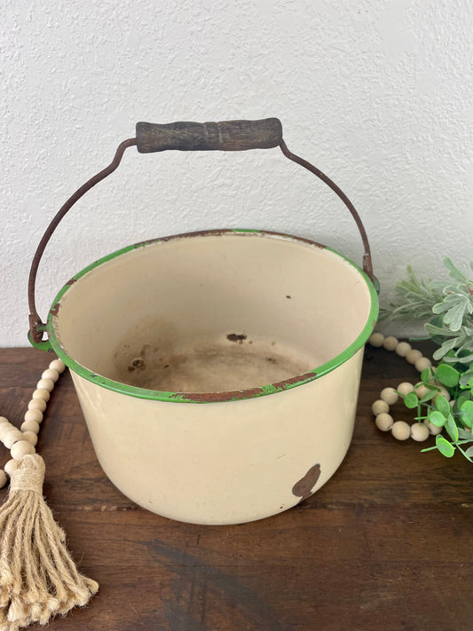 Vintage Cream Enamel Pot with Green Rim