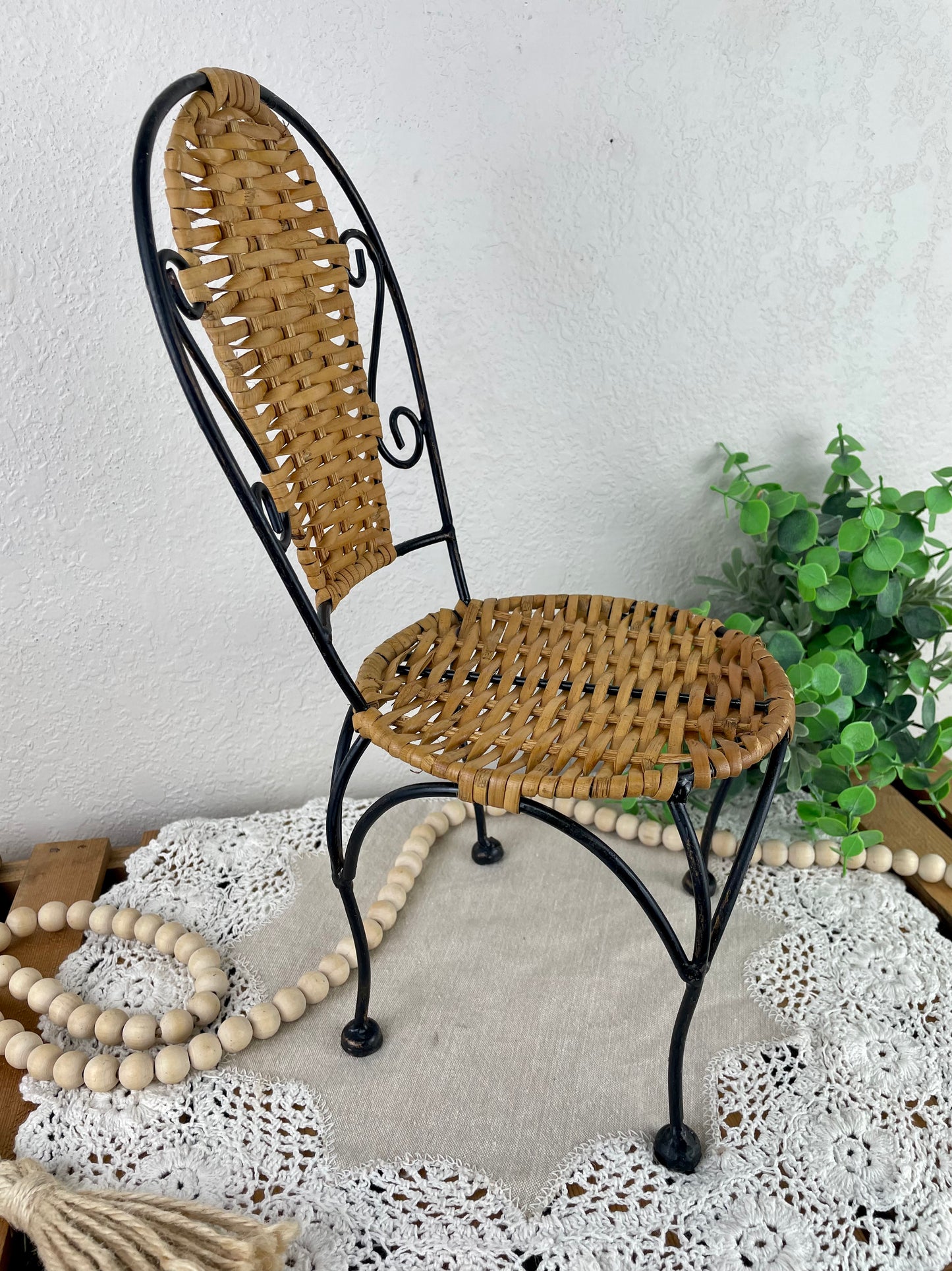 Vintage Miniature Metal and Rattan Chair