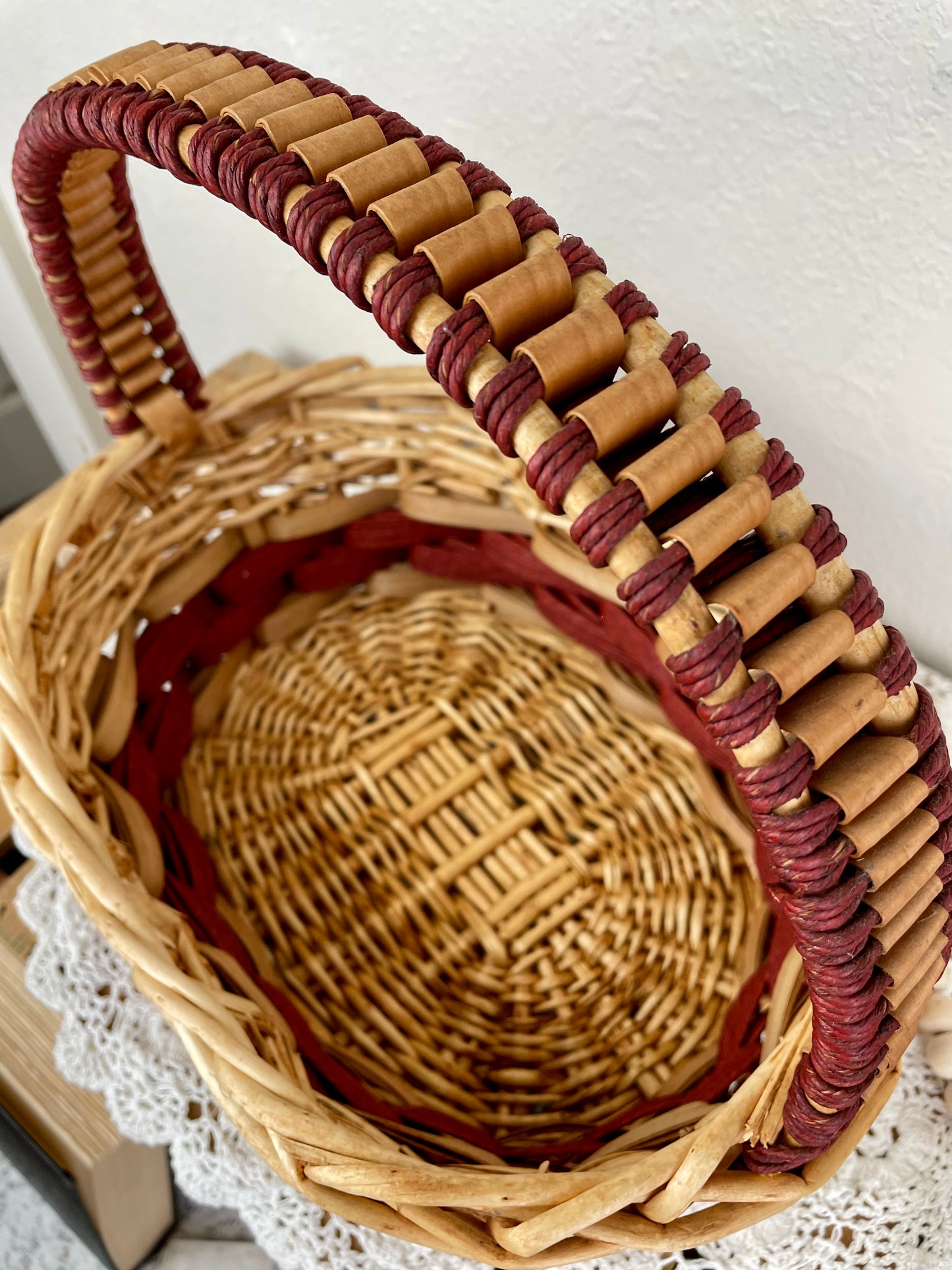 Vintage Red and Natural Wicker Basket with Handle