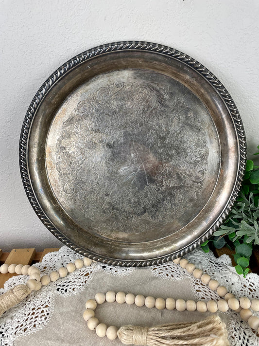 Vintage Embossed Silver Platter with Natural Patina