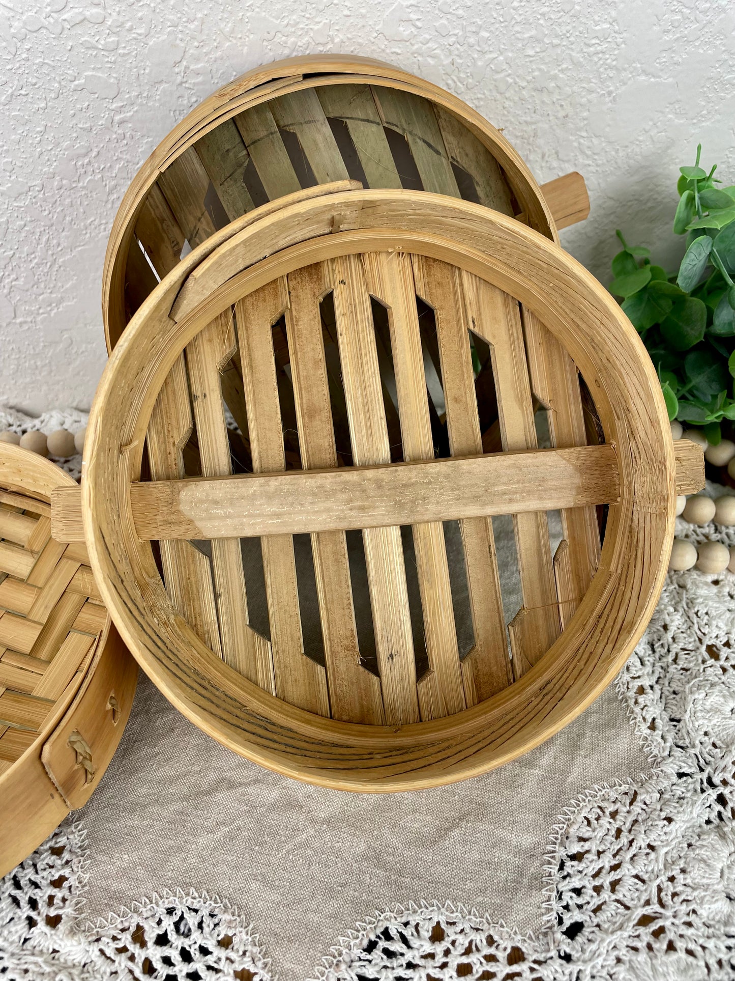 Vintage Bamboo Tiered Steamer Basket