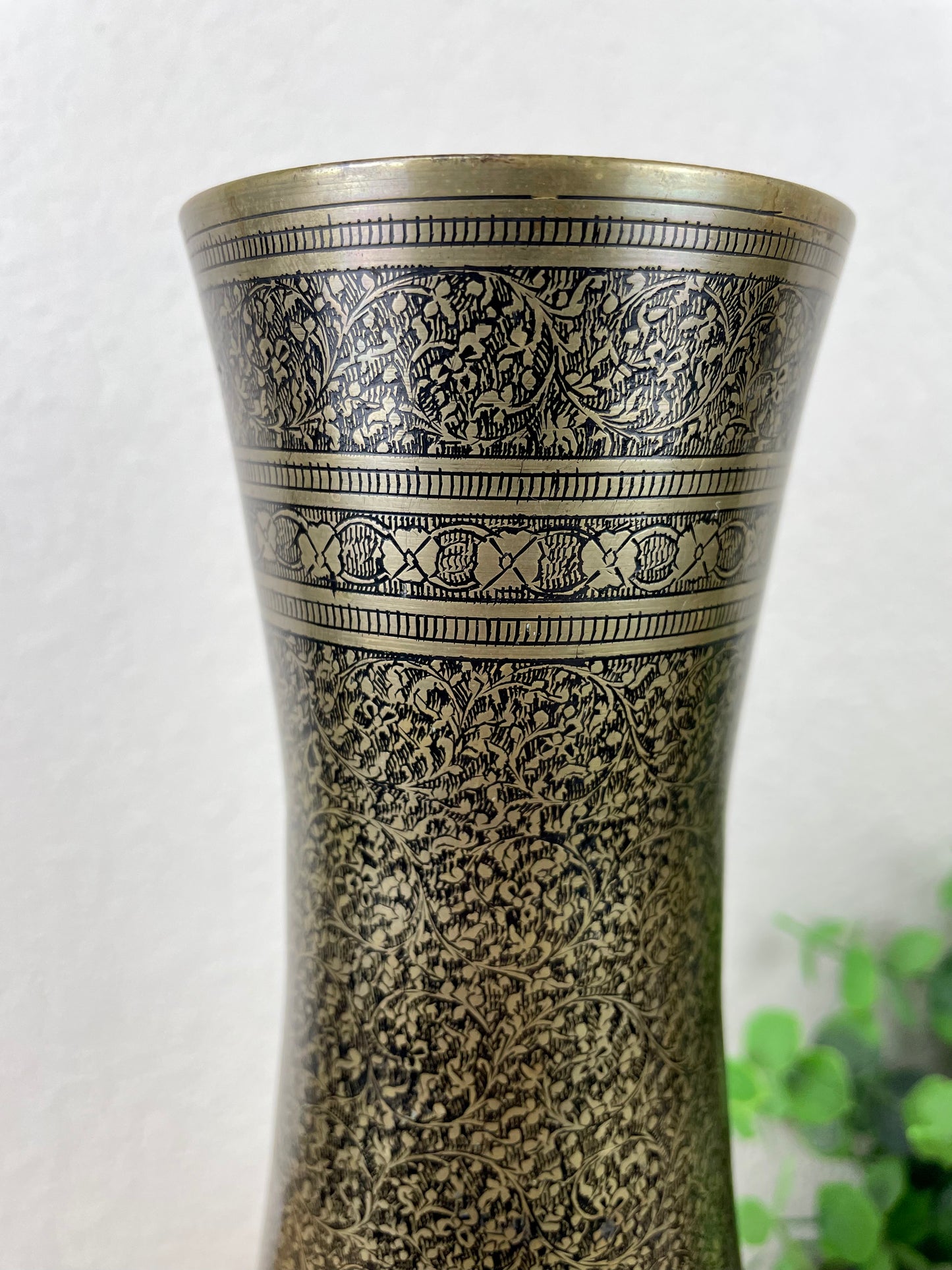 Vintage Etched Brass Tall Vase