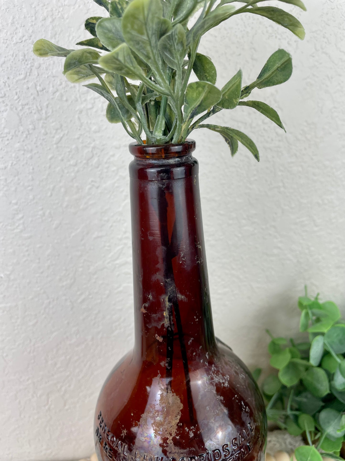 Vintage Amber Bottle with Rose Details with Greenery