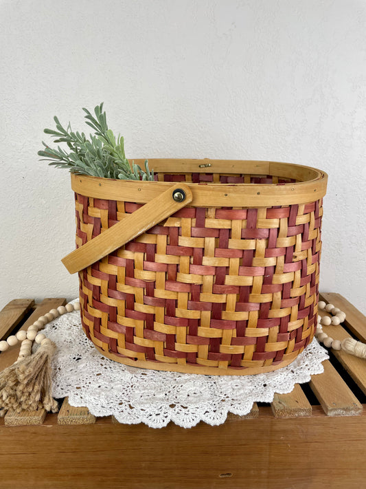 Vintage Large Red & Natural Wicker Basket with Handle