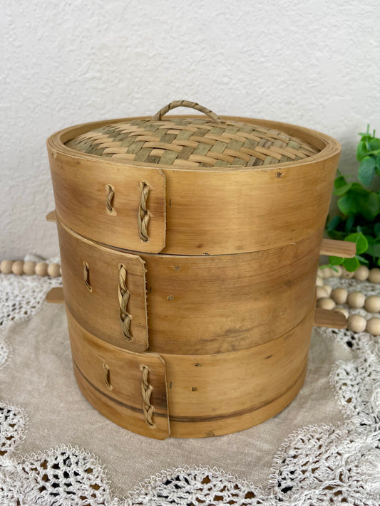 Vintage Bamboo Tiered Steamer Basket