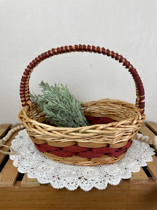 Vintage Red and Natural Wicker Basket with Handle