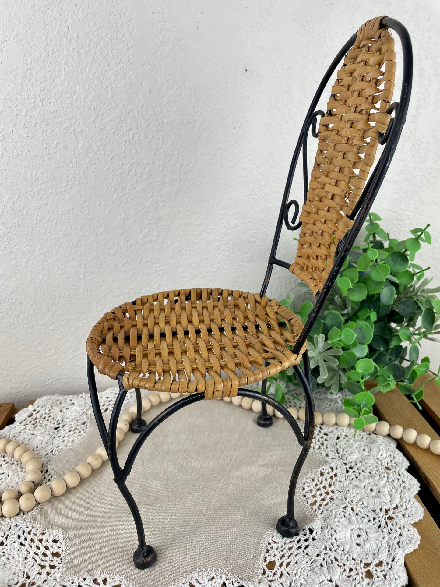 Vintage Miniature Metal and Rattan Chair