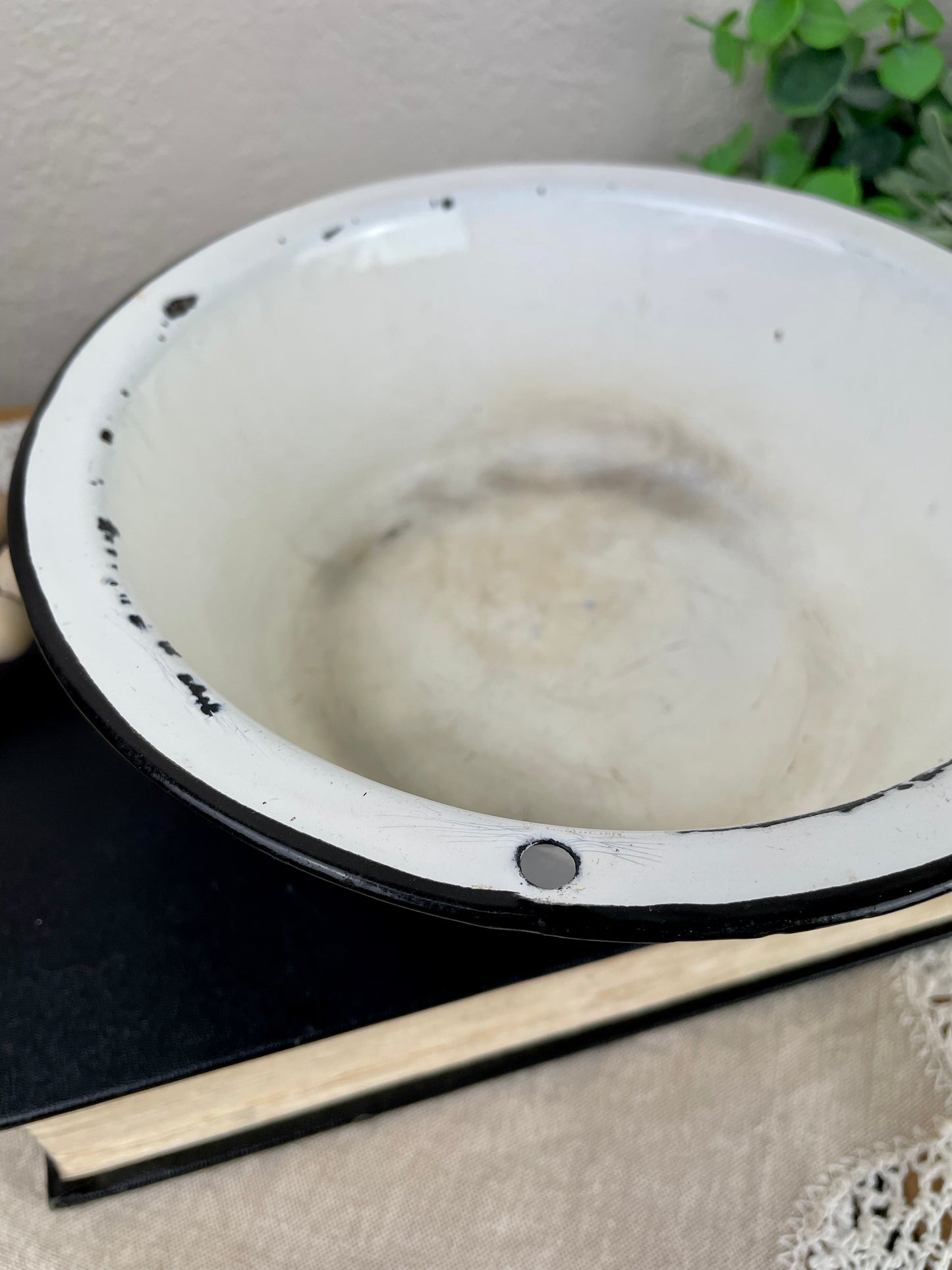 Vintage Small Enamel Bowl with Black Rim