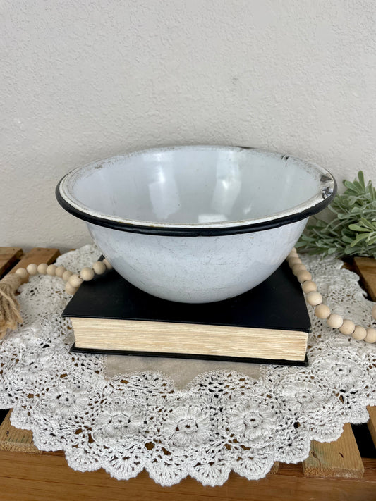 Vintage Enamel Bowl with Black Rim