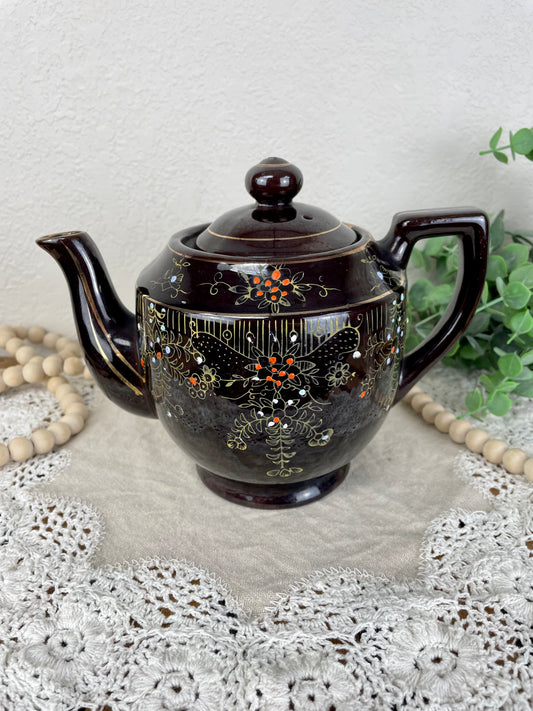 Vintage Handpainted Japanese Brown Betty Redware Teapot