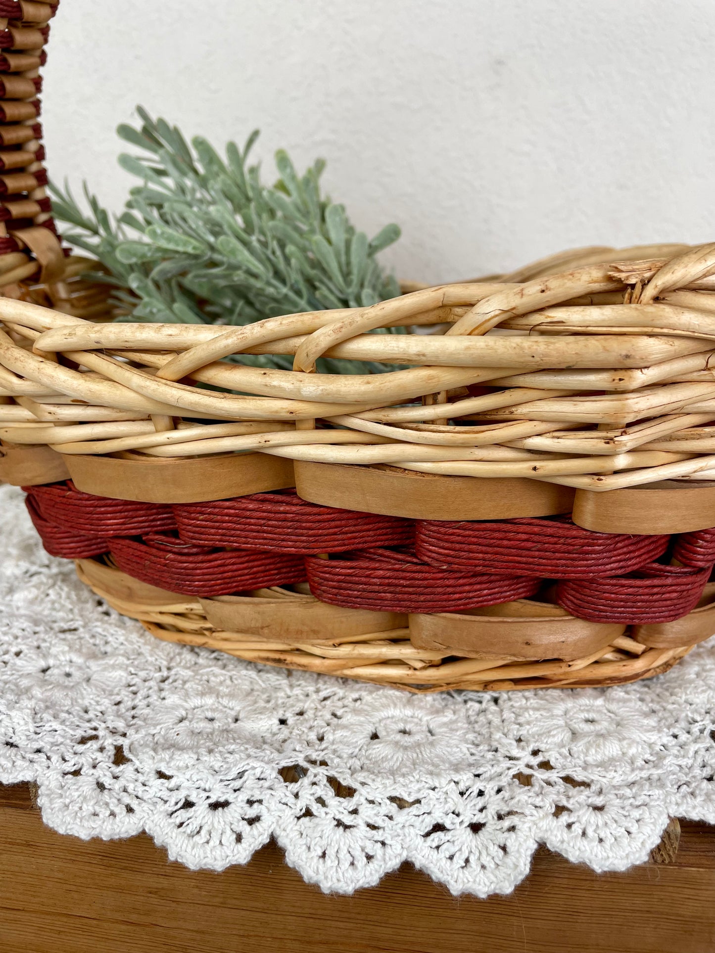 Vintage Red and Natural Wicker Basket with Handle