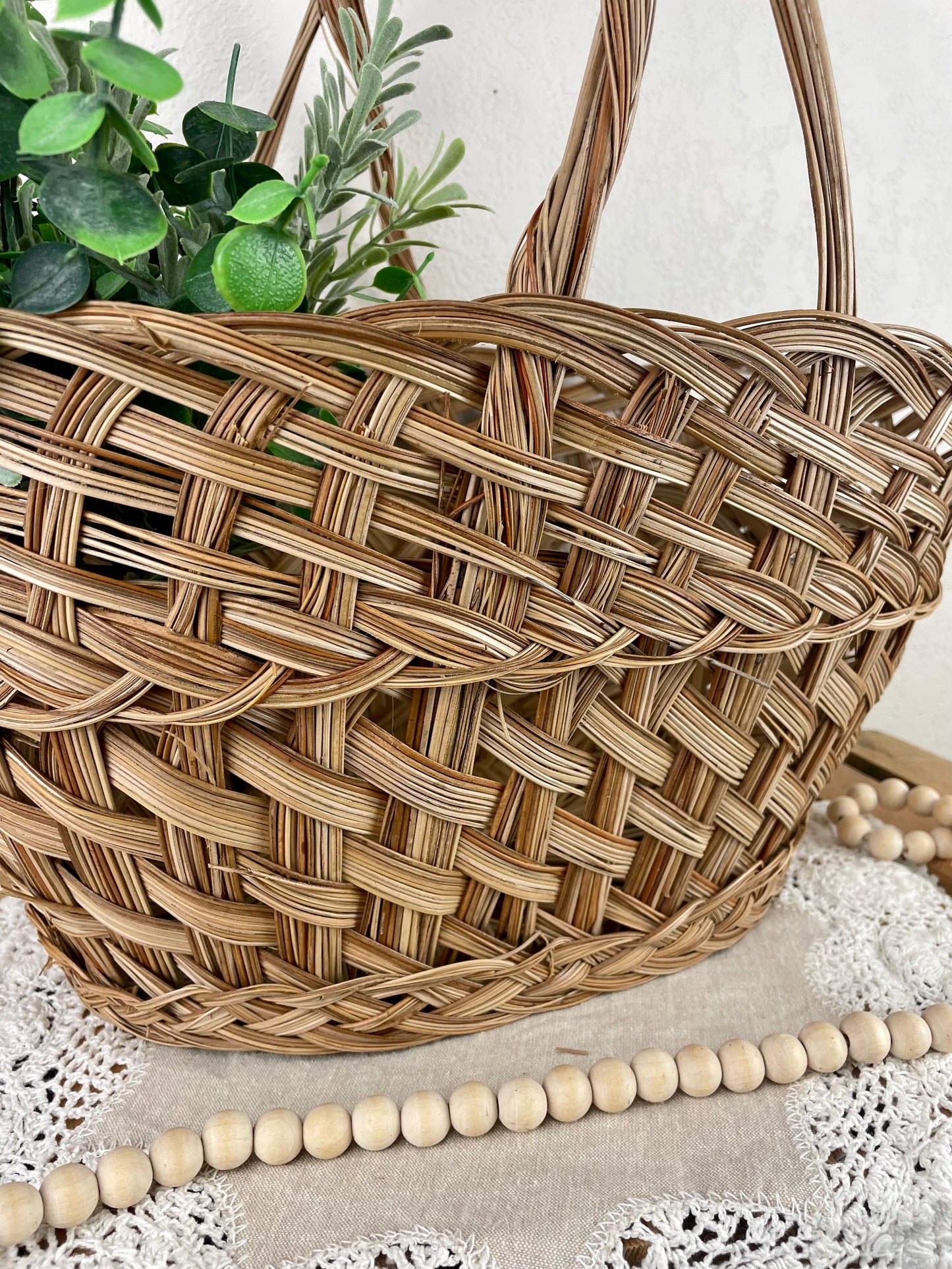 Large Vintage Woven Basket with Handle