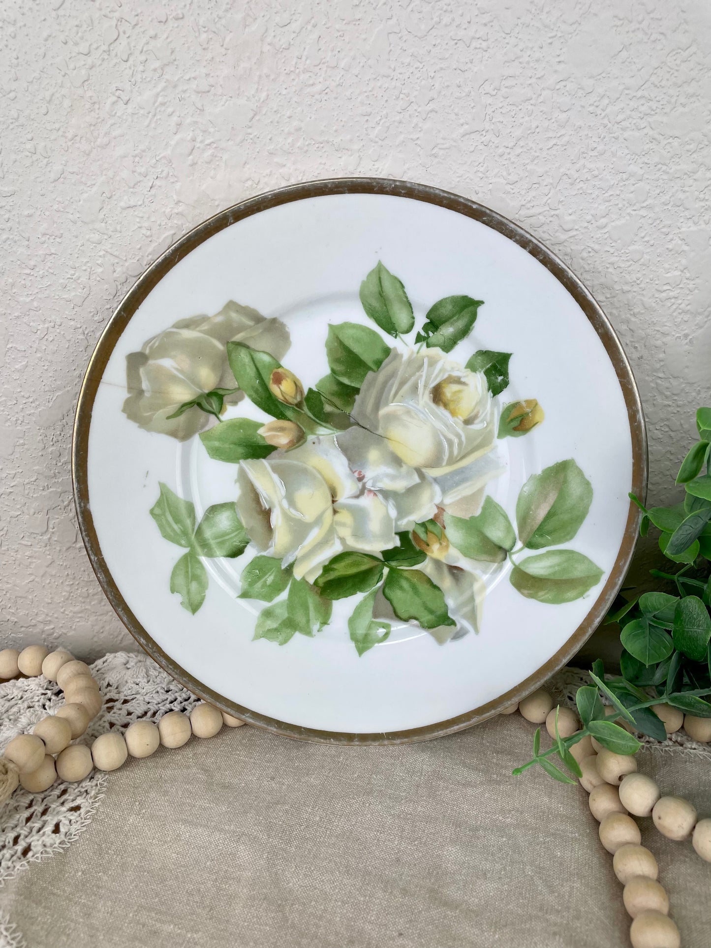 Vintage Bavaria Porcelain Plate with White Roses