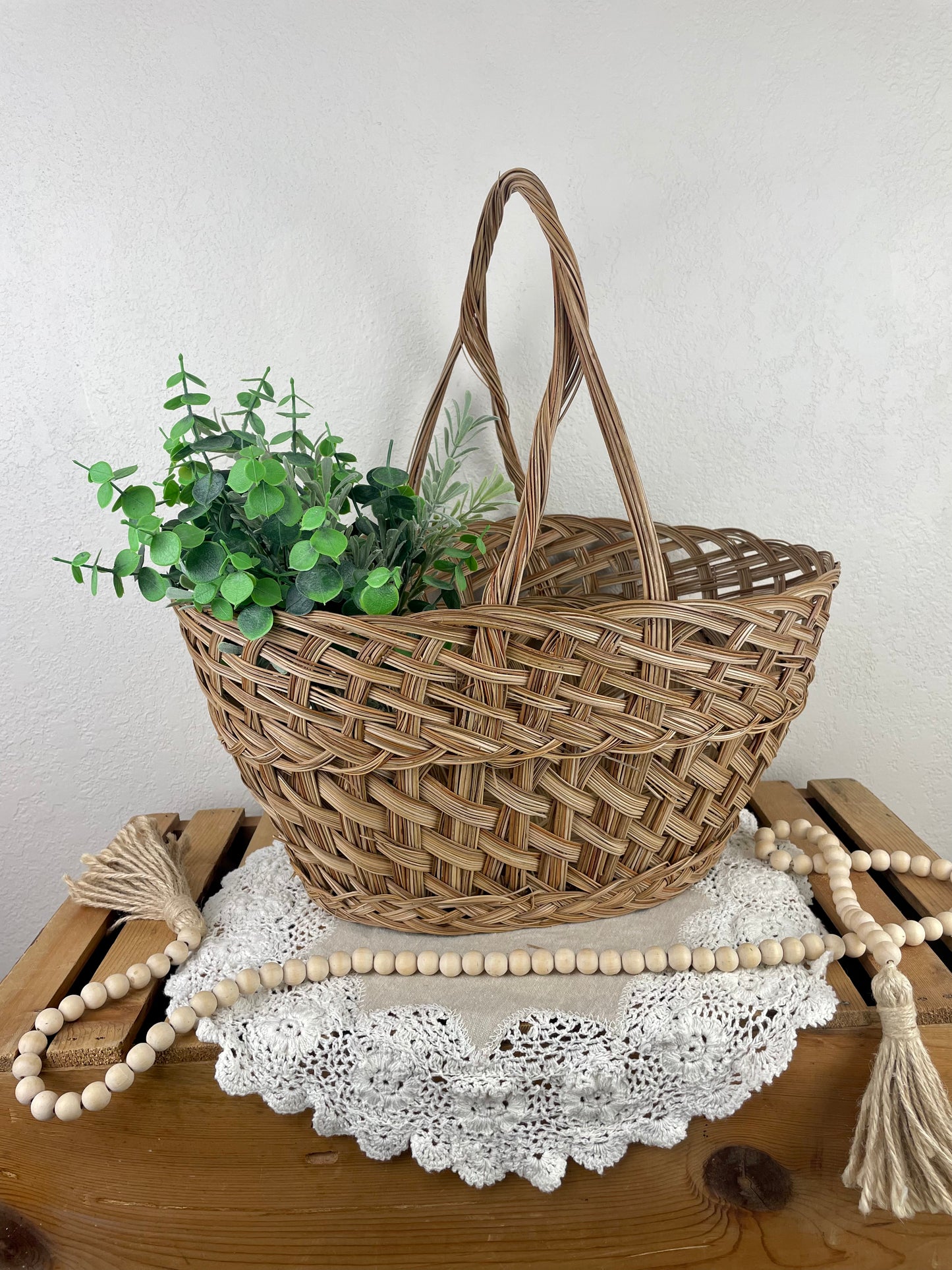 Large Vintage Woven Basket with Handle