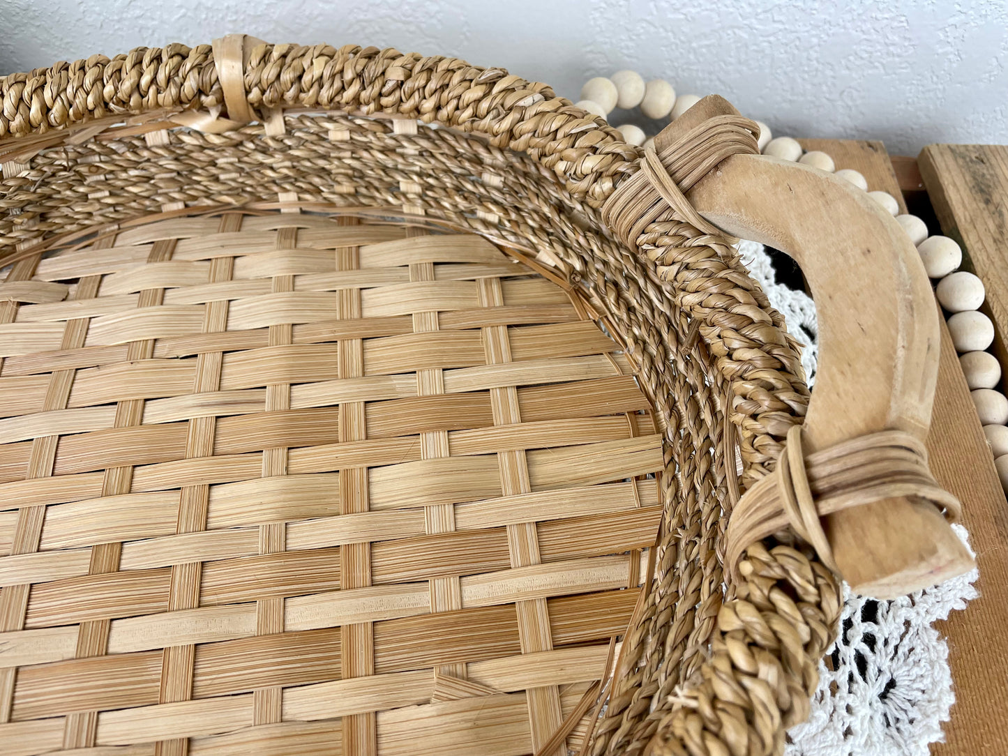 Vintage Wicker Tray with Wooden Handles