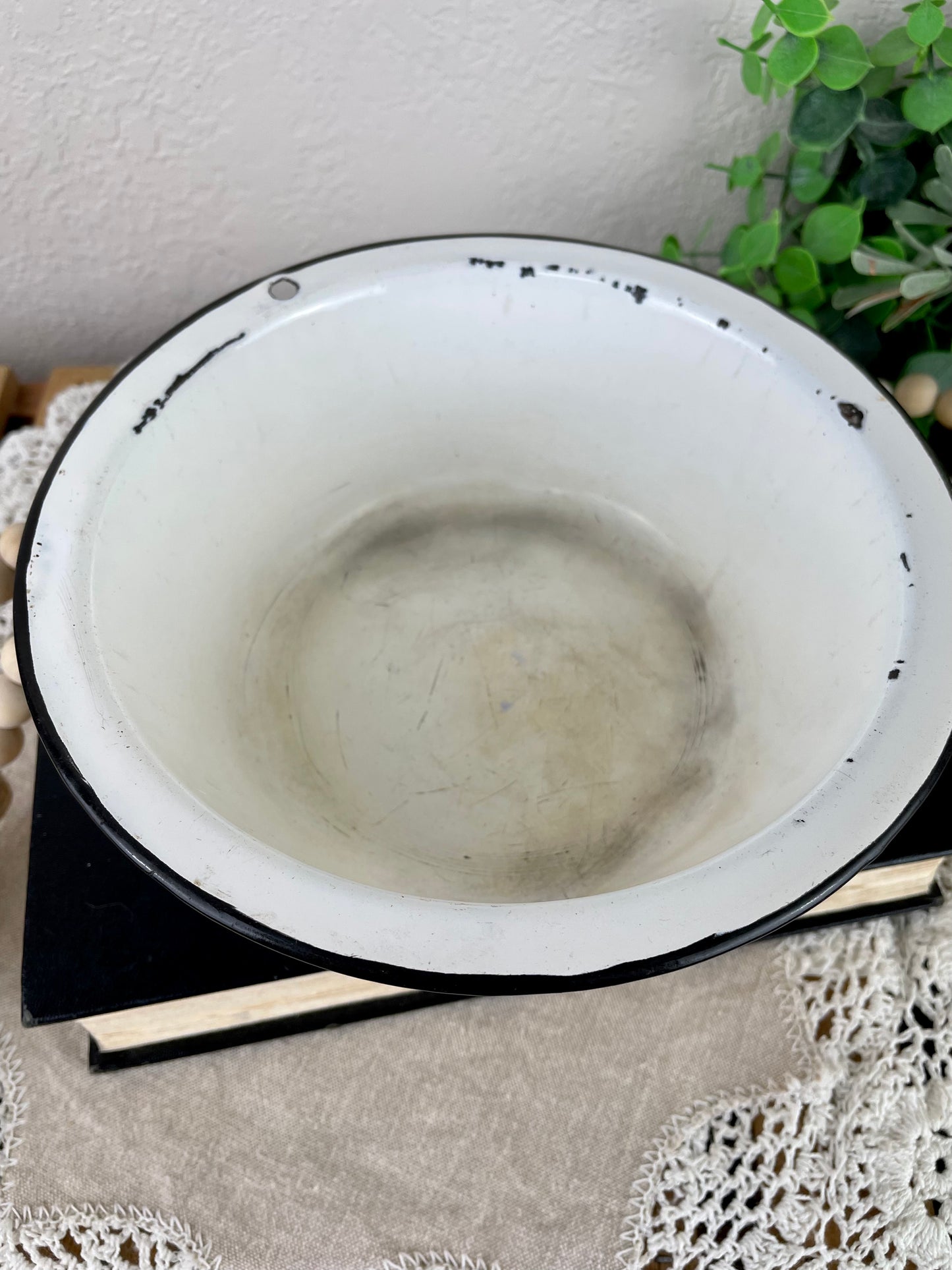 Vintage Small Enamel Bowl with Black Rim