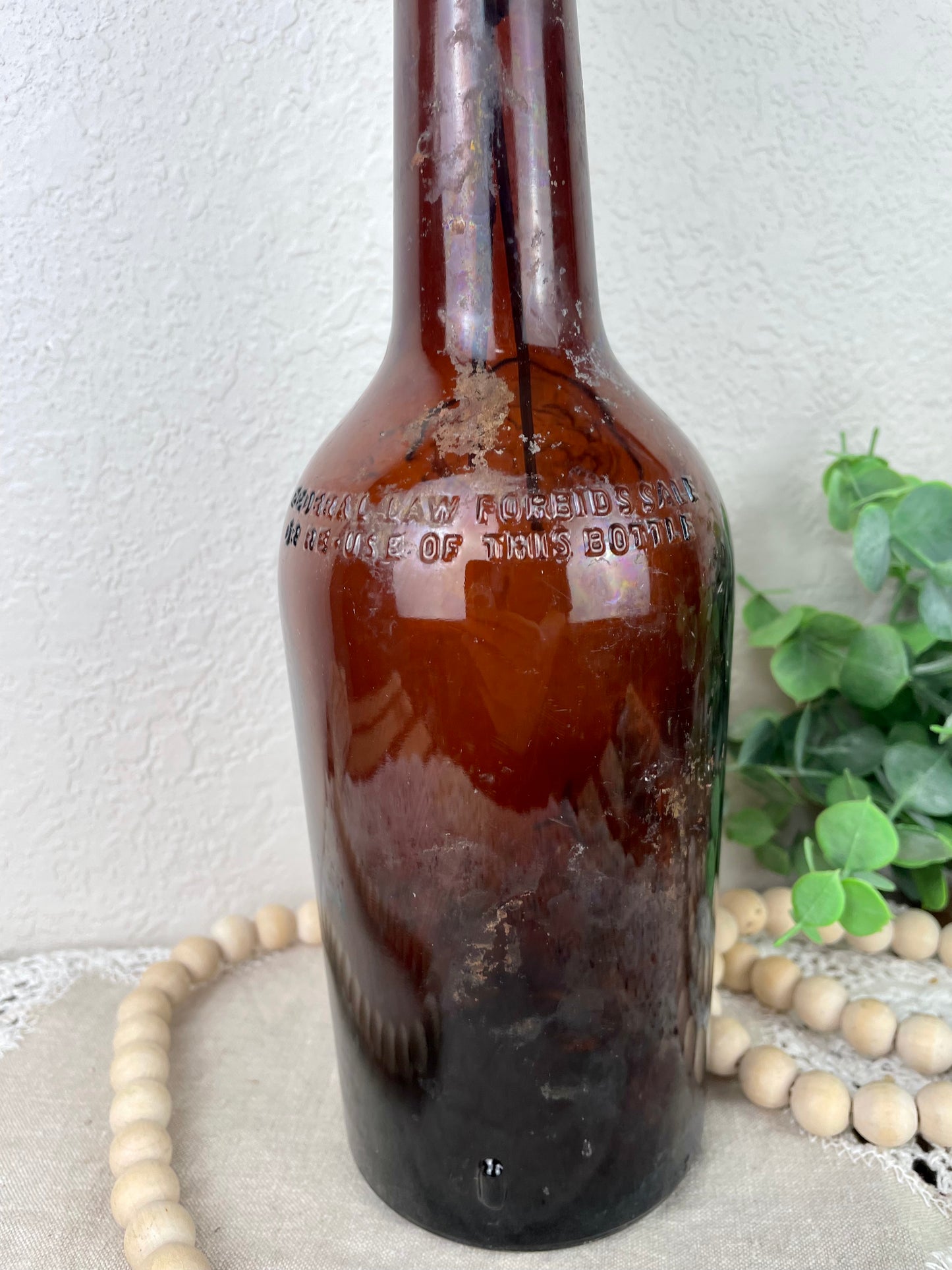 Vintage Amber Bottle with Rose Details with Greenery