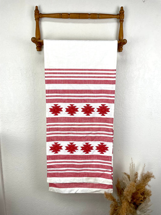 Vintage Large Table Runner with Red Tribal Pattern