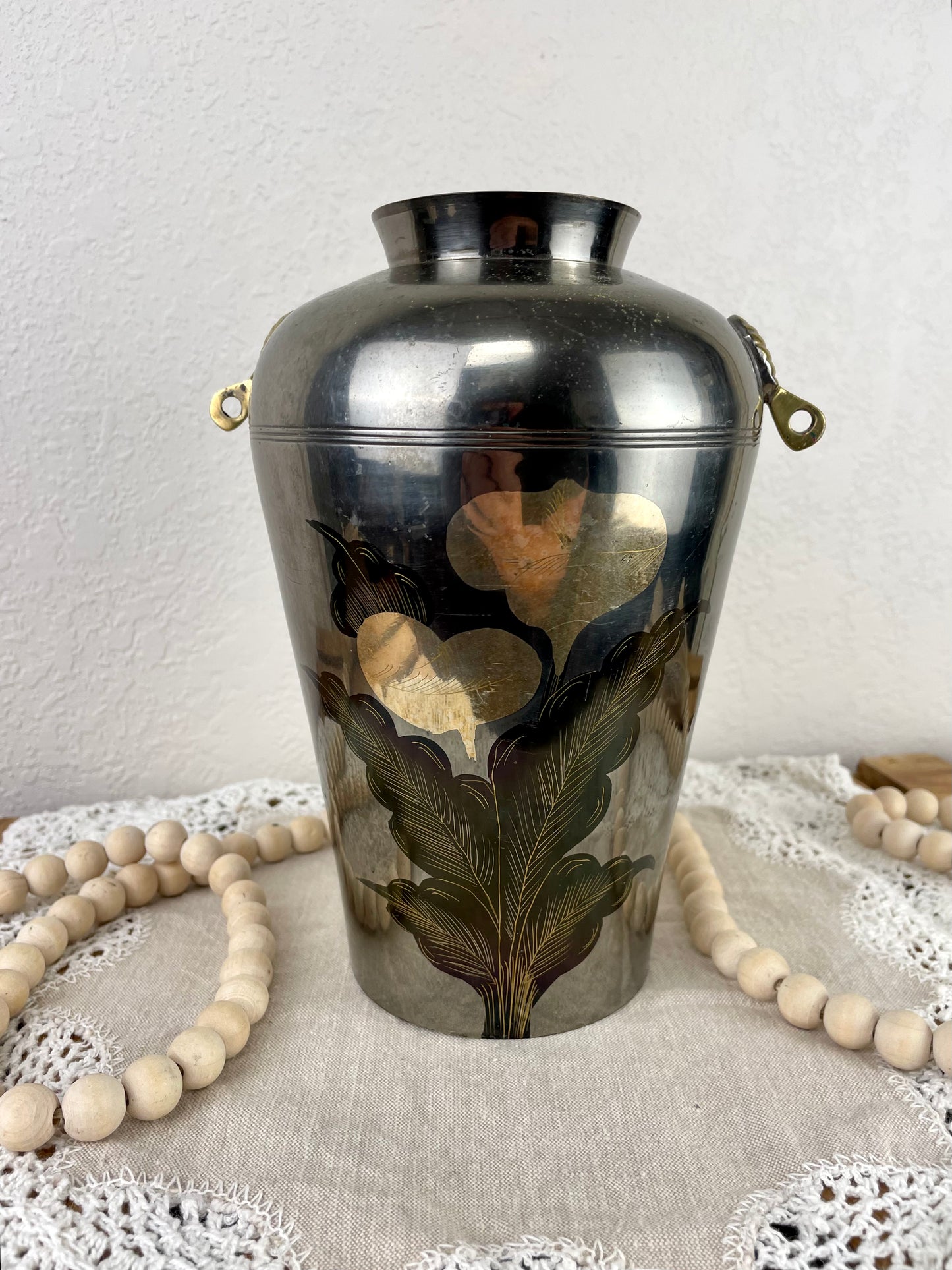 Vintage Brass Vase with Floral Details