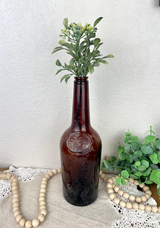 Vintage Amber Bottle with Rose Details with Greenery