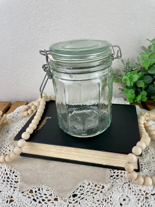 Vintage Green Glass Storage Jar with Clasp