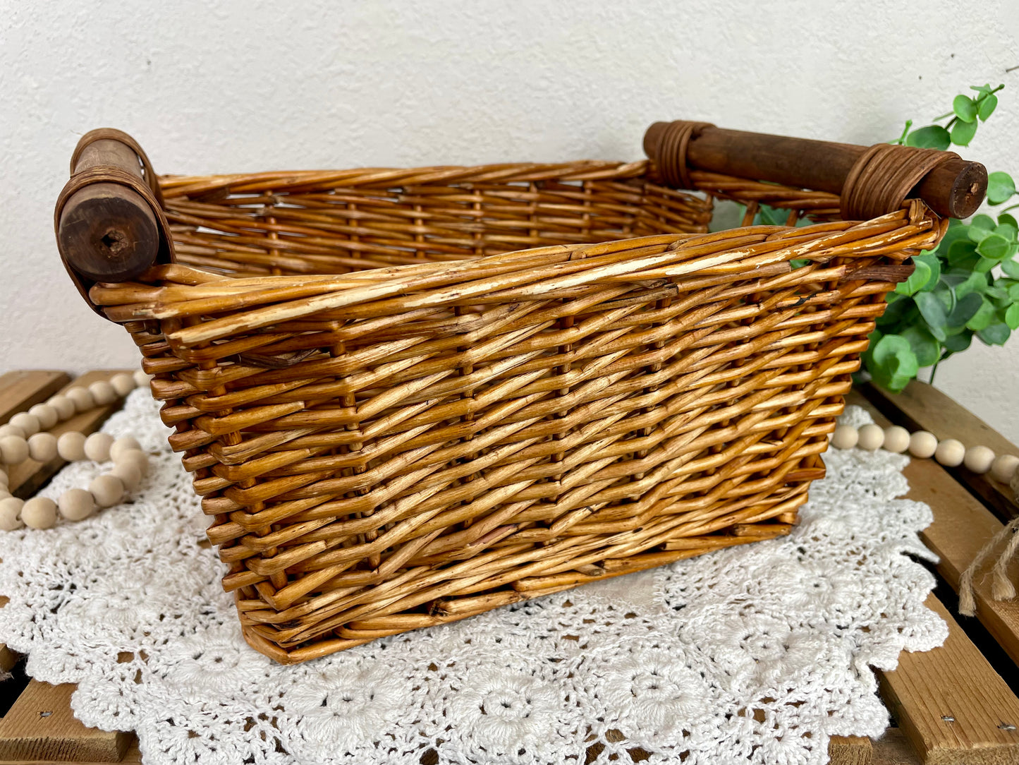 Vintage Rectangular Basket with Wood Handles