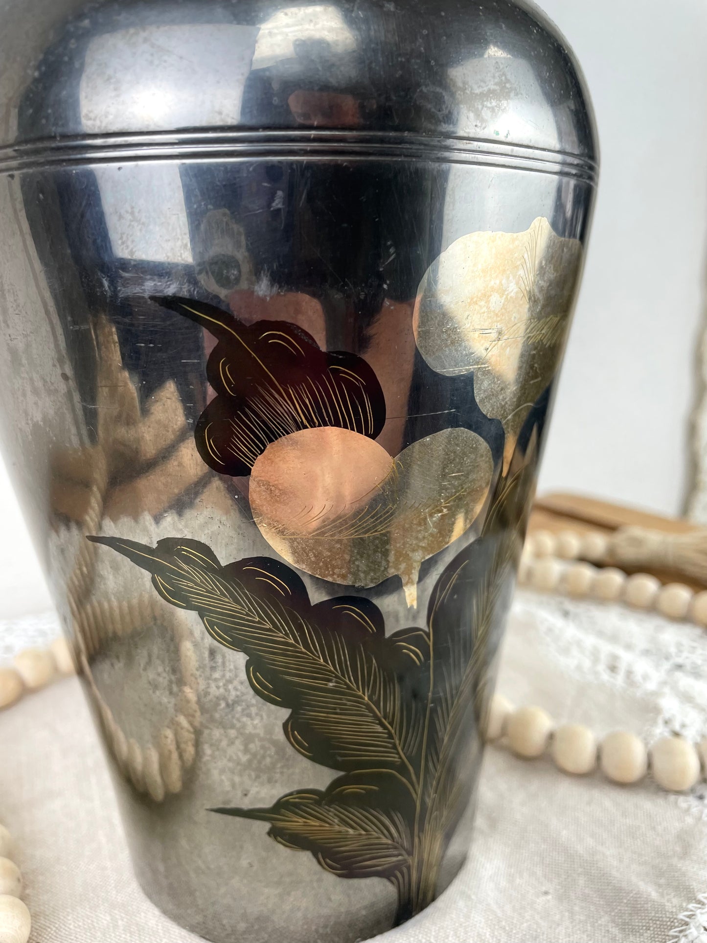 Vintage Brass Vase with Floral Details