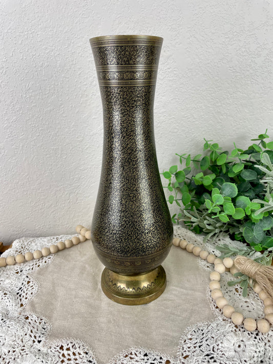 Vintage Etched Brass Tall Vase