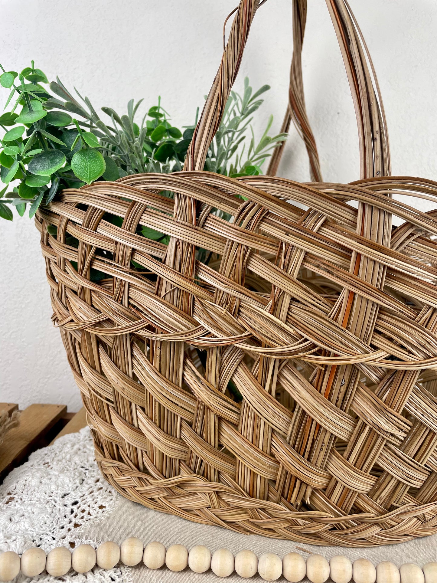 Large Vintage Woven Basket with Handle