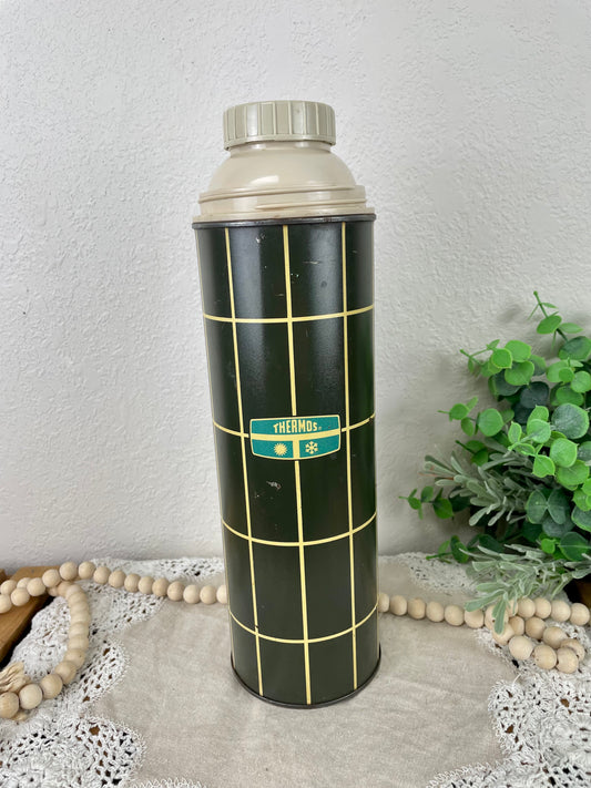 Vintage Green Plaid Quart Sized Thermos