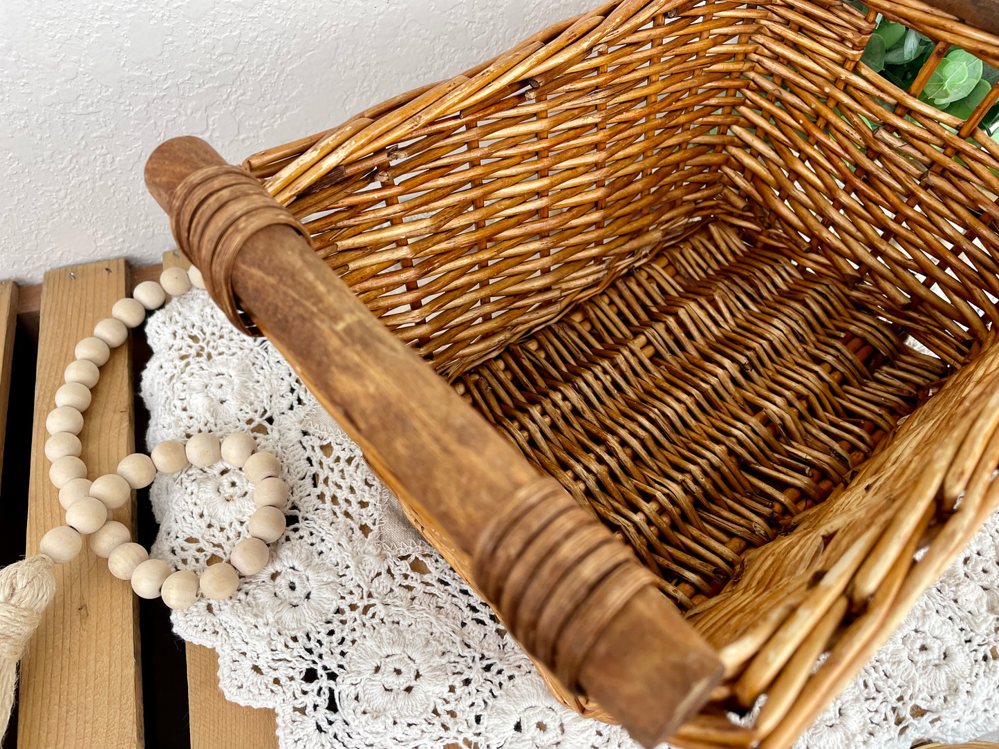 Vintage Rectangular Basket with Wood Handles