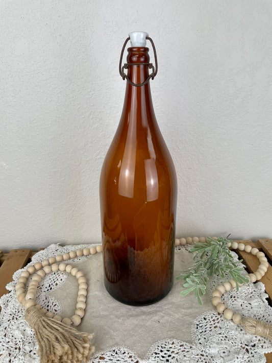 Vintage Large Amber Bottle with Porcelain Lid