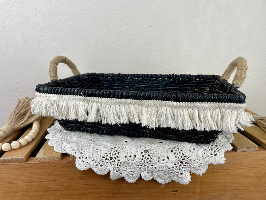 Upcycled Black Basket with Boho Fringe