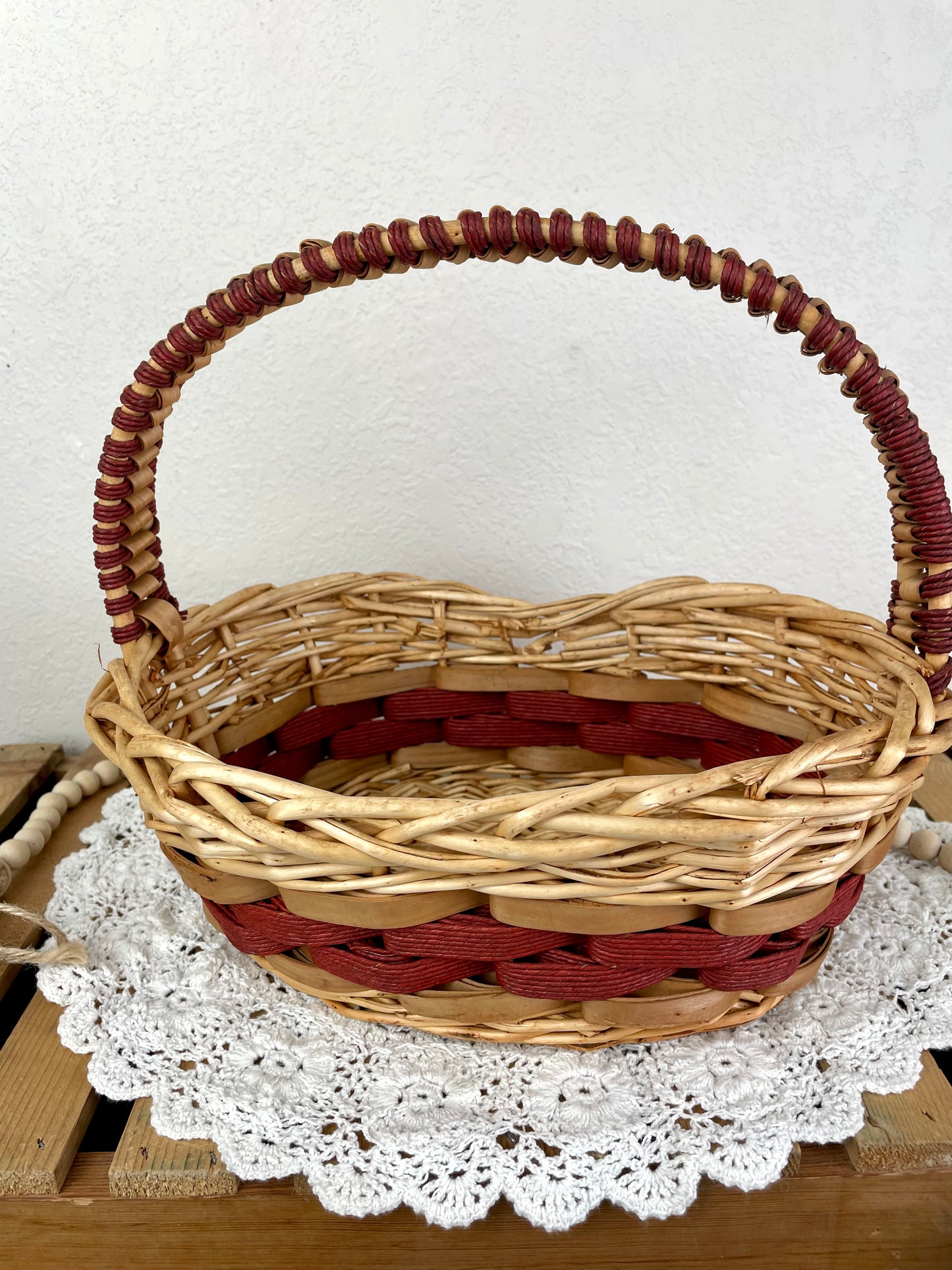 Vintage Red and Natural Wicker Basket with Handle