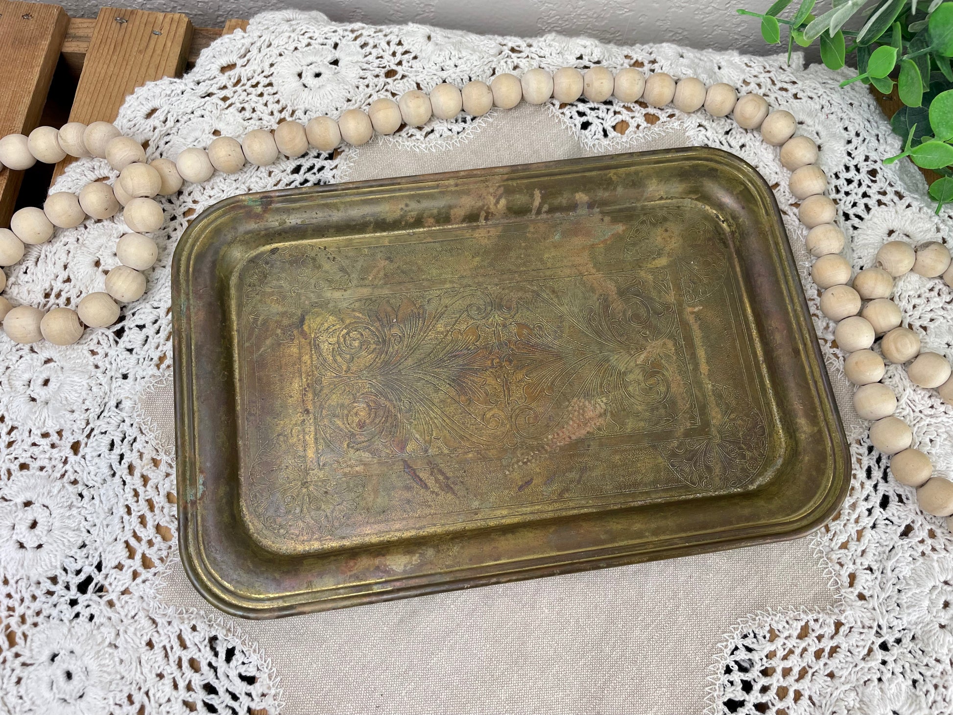 Vintage Etched Brass Tray with Natural Patina – Hanna Banana Creations