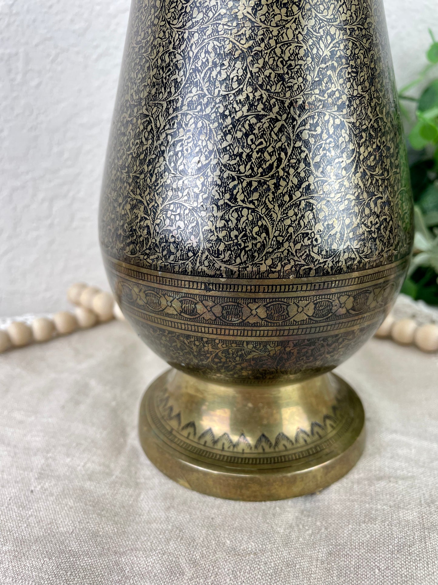 Vintage Etched Brass Tall Vase