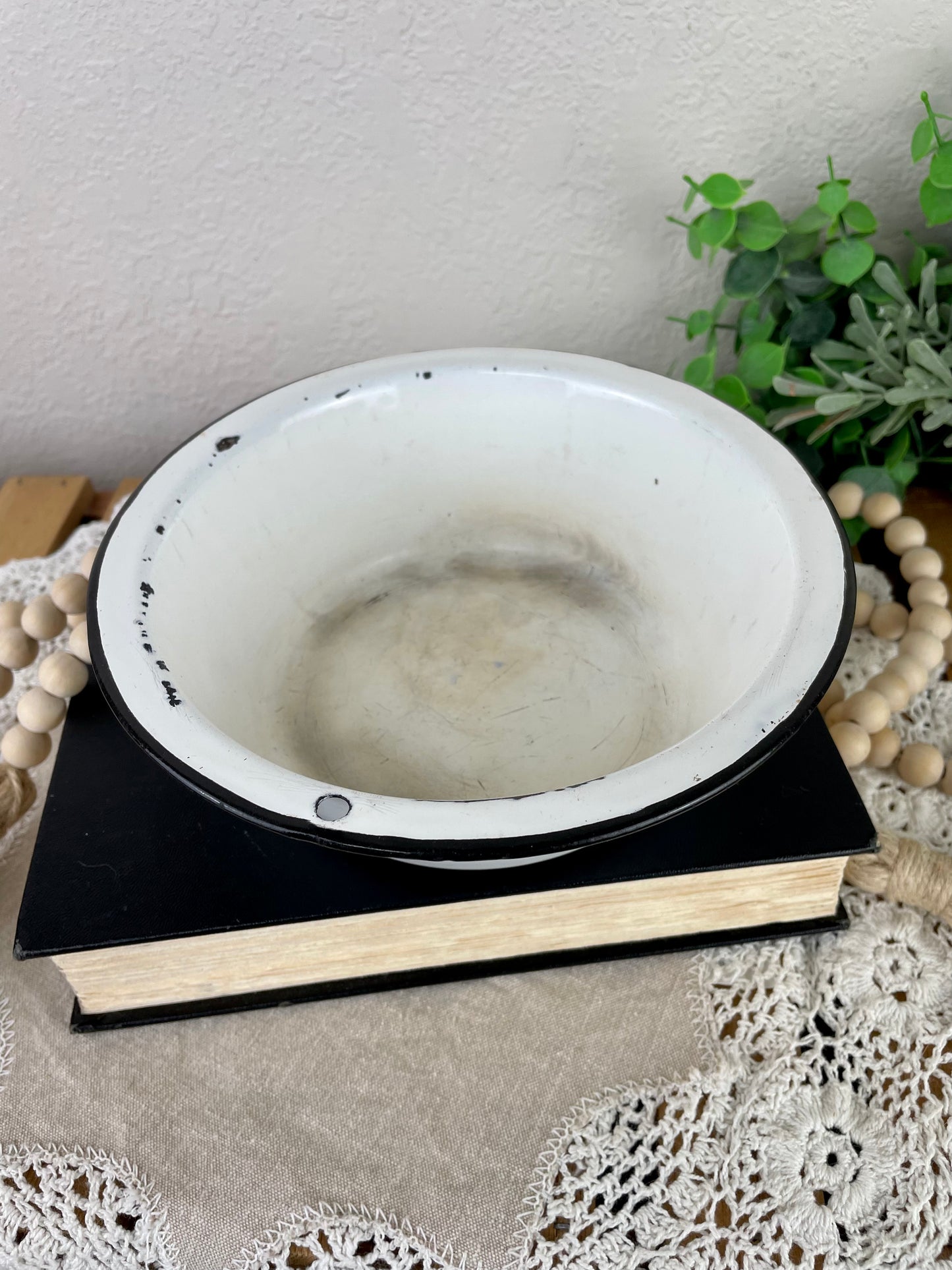 Vintage Small Enamel Bowl with Black Rim