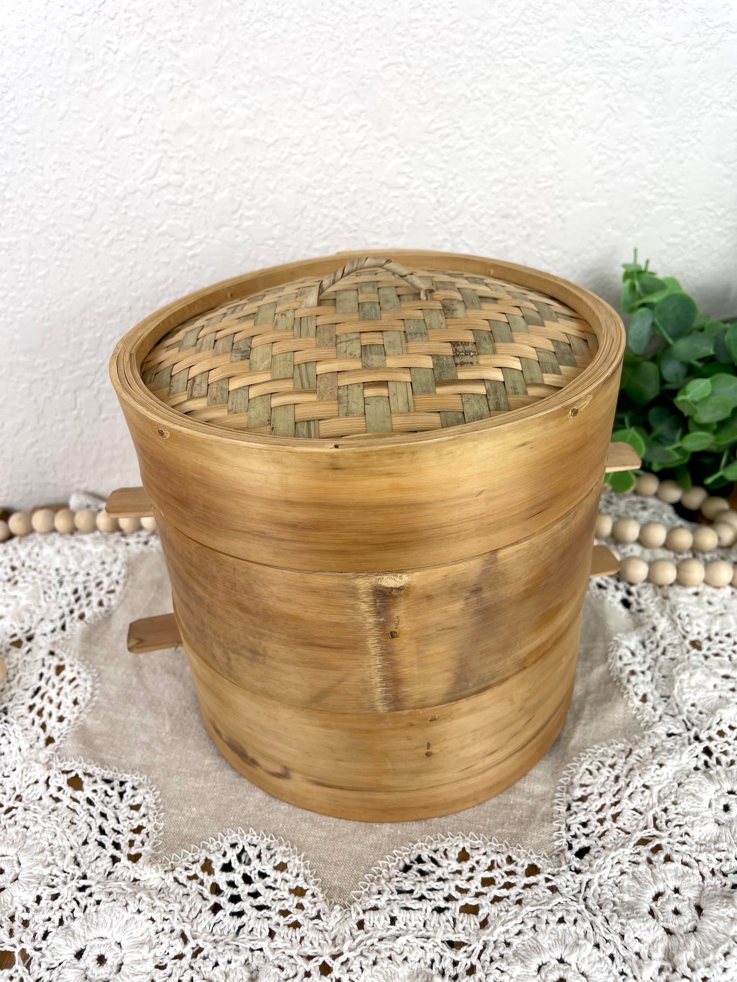 Vintage Bamboo Tiered Steamer Basket