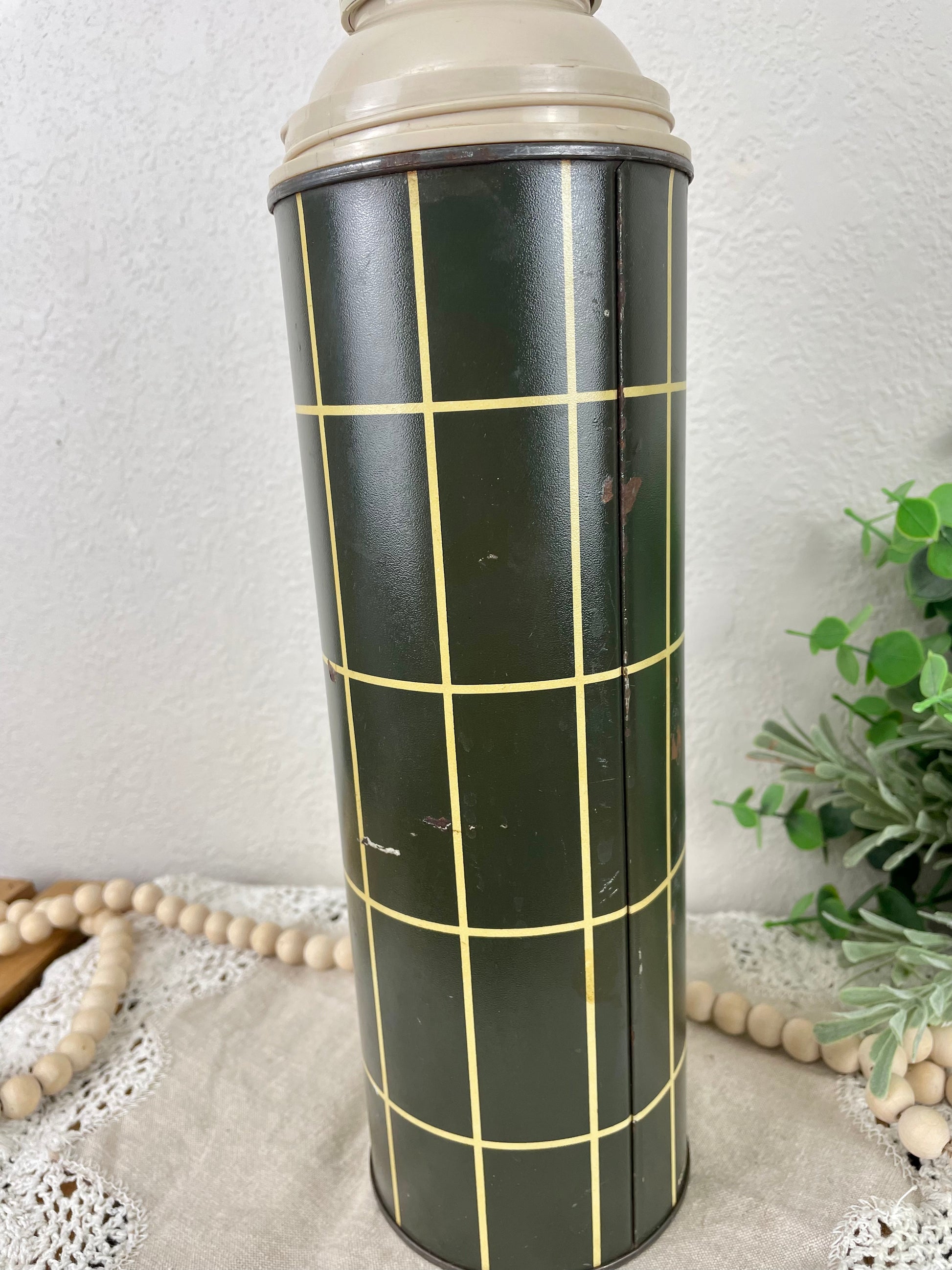 Vintage Navy Blue and Green Plaid Thermos 