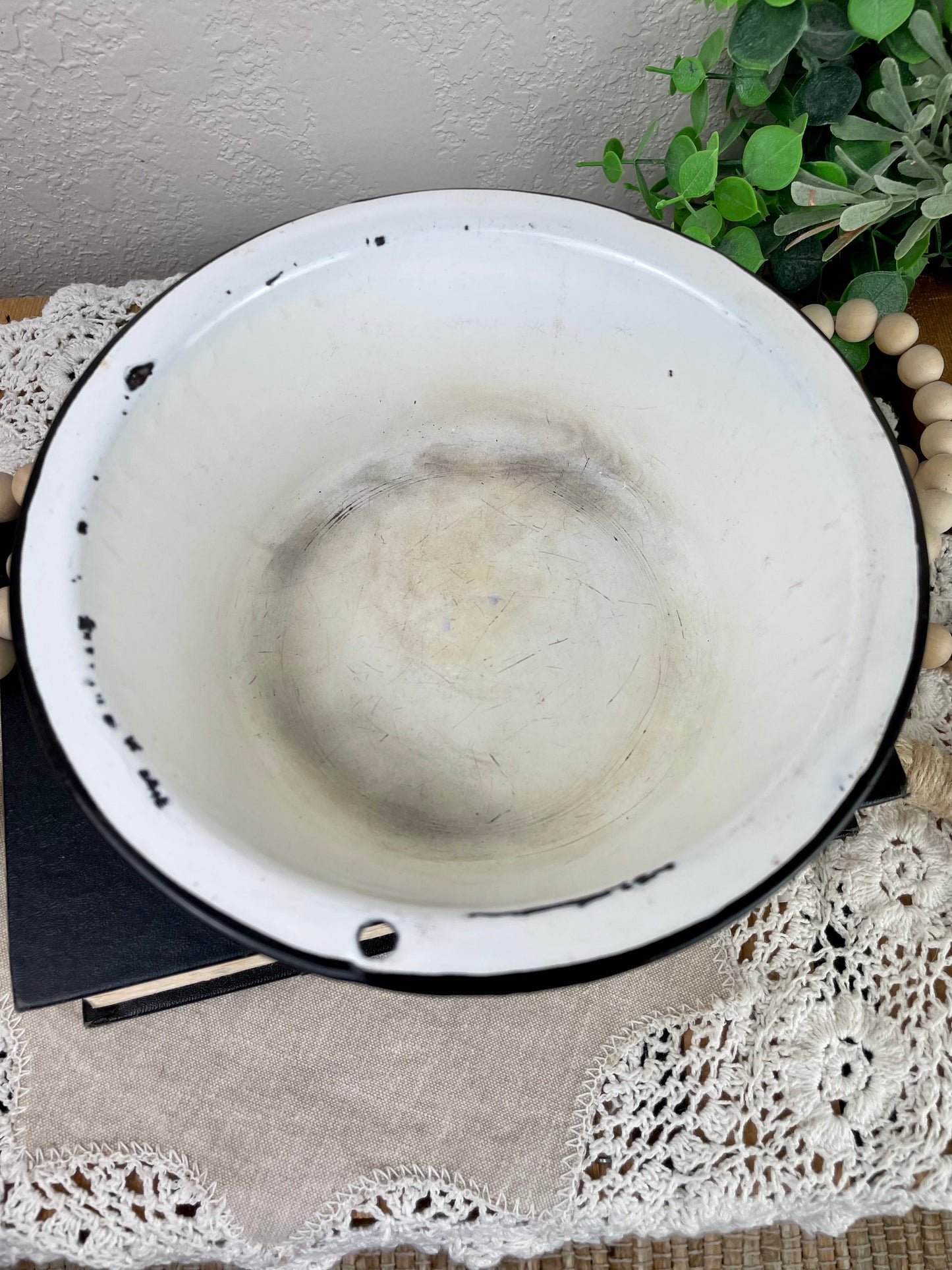 Vintage Small Enamel Bowl with Black Rim