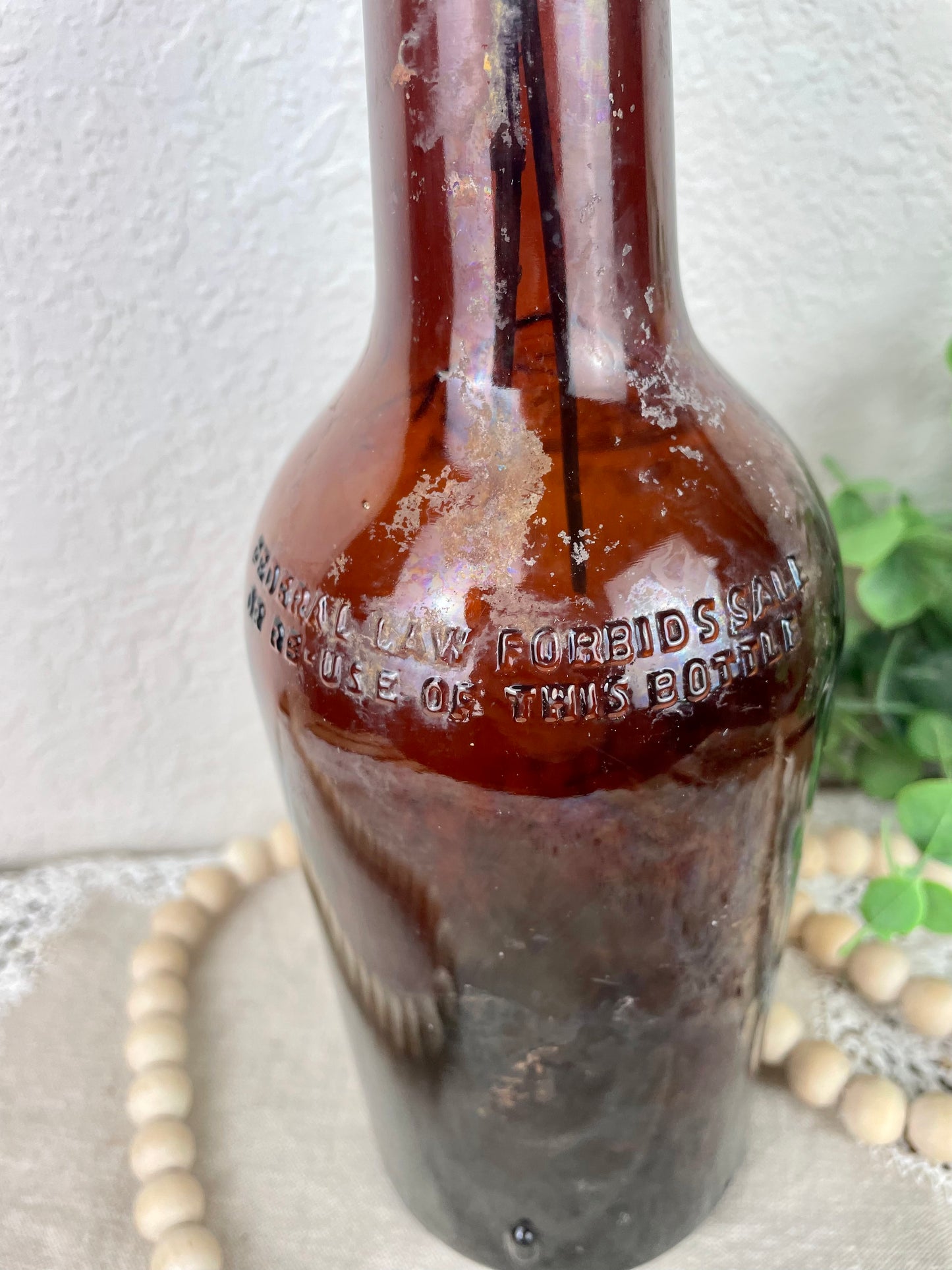 Vintage Amber Bottle with Rose Details with Greenery