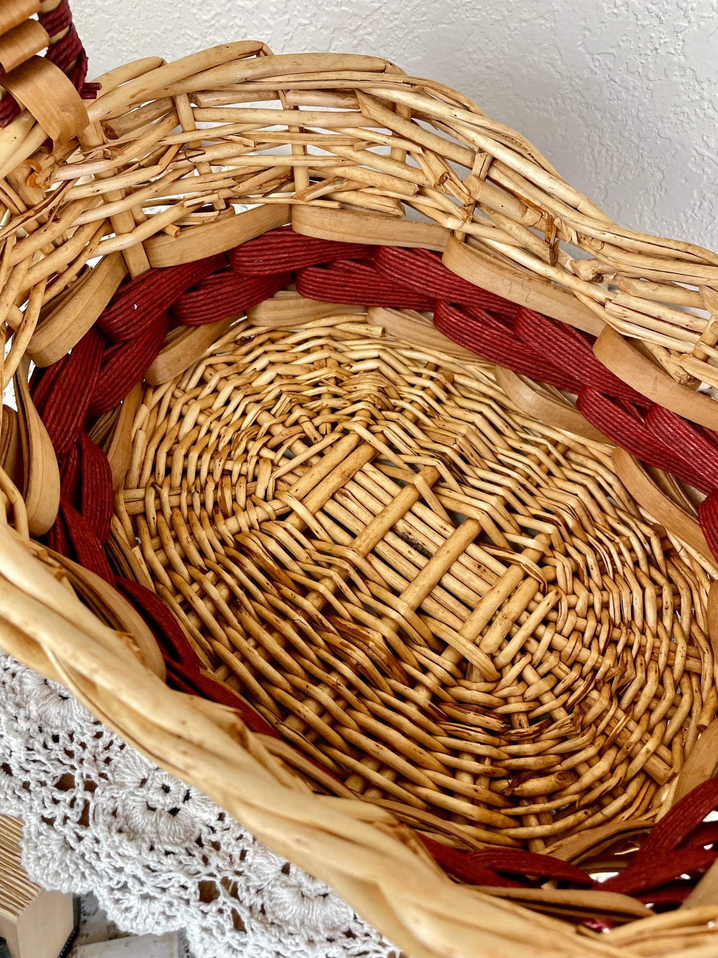 Vintage Red and Natural Wicker Basket with Handle