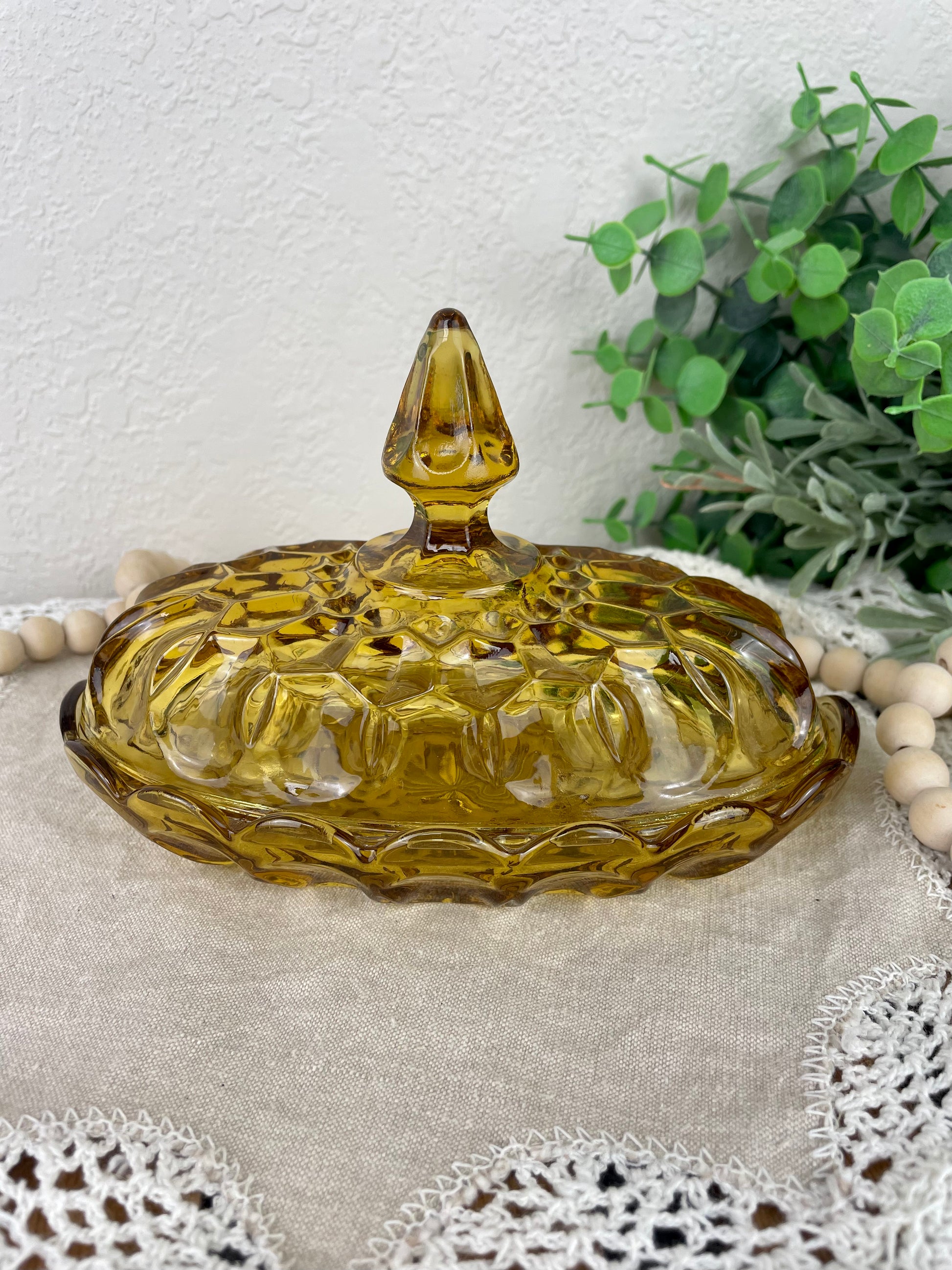 Vintage Amber Glass Casserole Dish With Yellow Flowers 